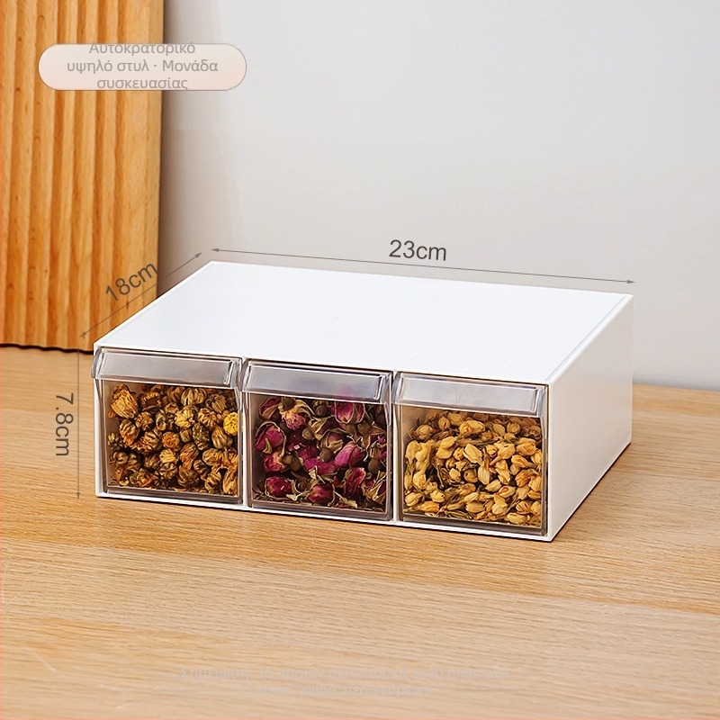 Κουτί αποθήκευσης ανθικού τσαγιού και μπαχαρικών με τύπο συρταριού, διαφανές πλαστικό τροφίμων, έξι διαμερίσματα, τετράγωνο σχήμα