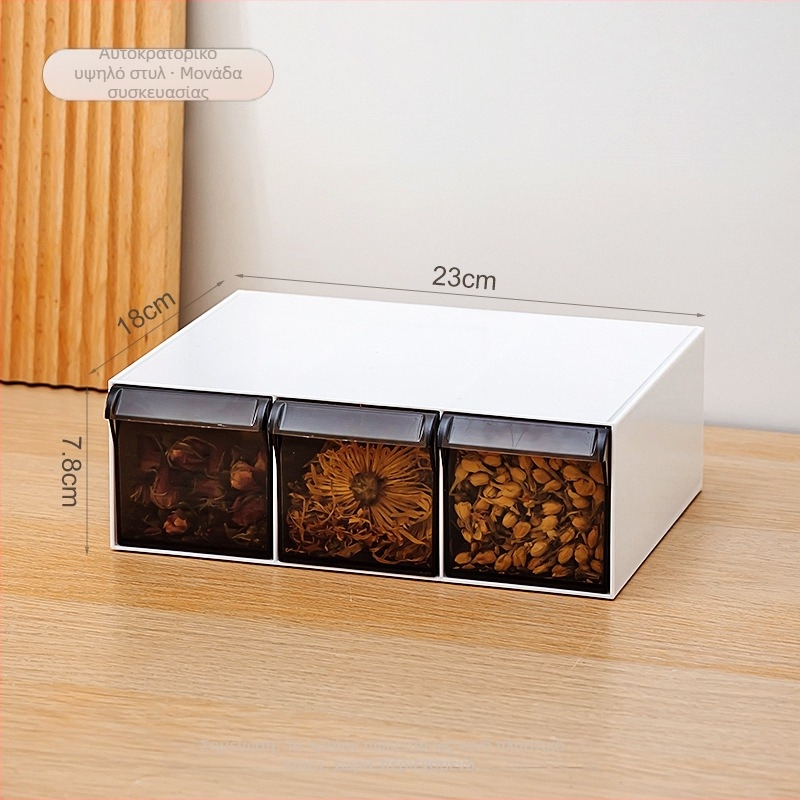 Κουτί αποθήκευσης ανθικού τσαγιού και μπαχαρικών με τύπο συρταριού, διαφανές πλαστικό τροφίμων, έξι διαμερίσματα, τετράγωνο σχήμα
