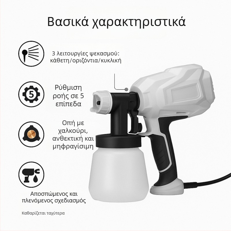 Ηλεκτρικό πιστόλι ψεκασμού, ισχυρή ισχύς, ρυθμιζόμενη ροή ψεκάσματος, κατάλληλο για εσωτερικούς και εξωτερικούς τοίχους, αυτοκίνητα, ξύλο και οροφές