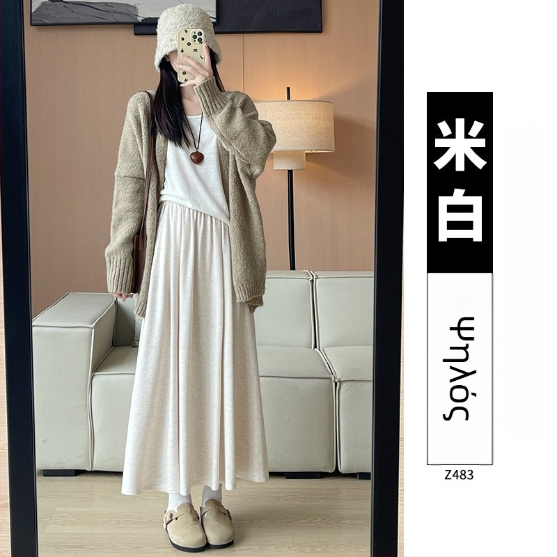 Ruitong φούστα σε γραμμή Α, μεσαίου μήκους, με τσέπες, μονόχρωμο σχέδιο, ανάμιξη πολυεστέρα-βισκόζης