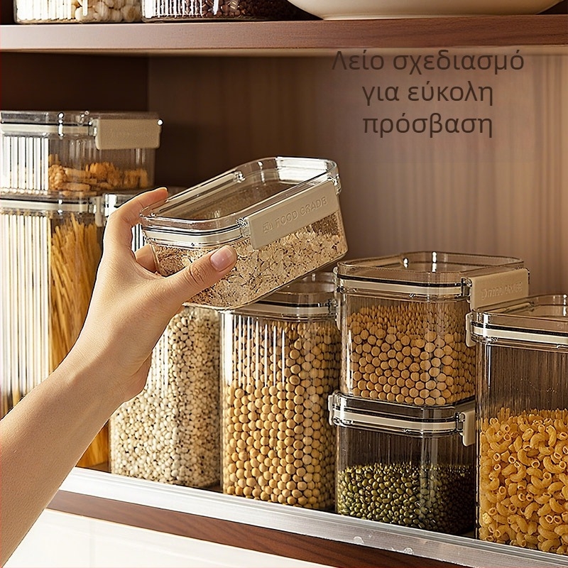 Σφραγιζόμενο τετράγωνο πλαστικό δοχείο αποθήκευσης για σιτηρά και ξηρά τρόφιμα, χωρητικότητα 1-2 L, μοντέρνο μινιμαλιστικό στυλ, προσαρμογή ιδιωτικής ετικέτας