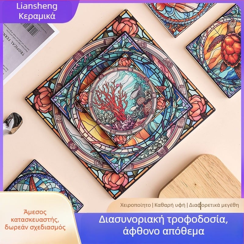 Κεραμικοί τετράγωνοι υποπότηρες φλυτζανιών με σχέδιο λουλουδιών, αντιολισθητικοί και θερμομονωτικοί