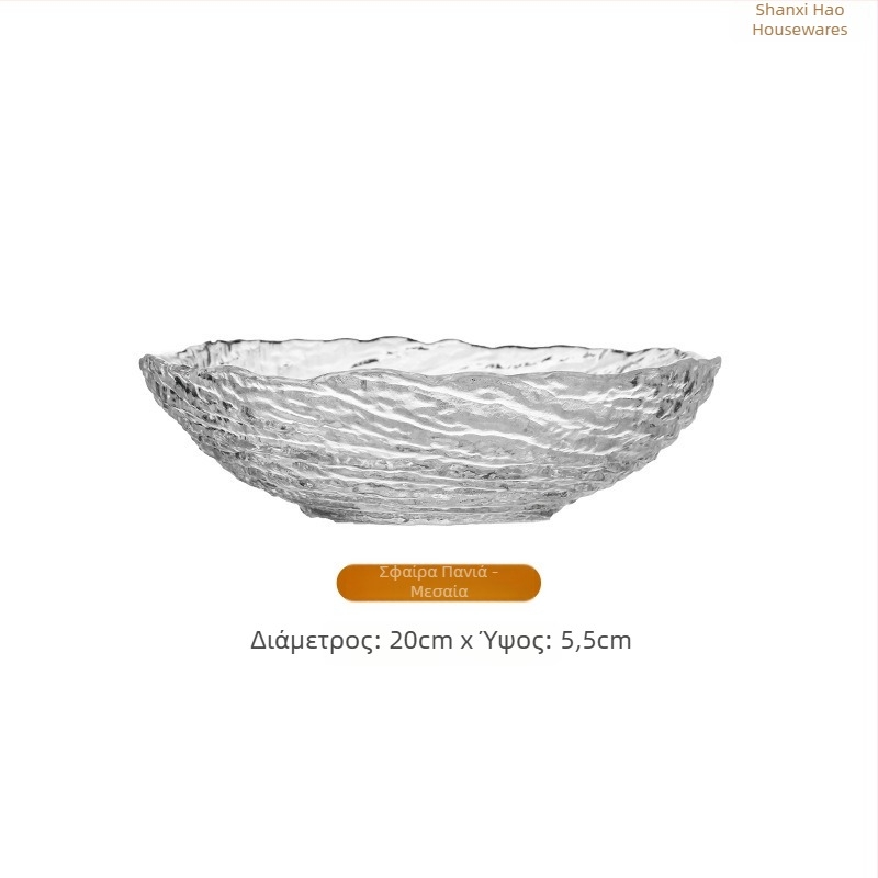 Σετ γυάλινα σκεύη με σχέδιο πάγου: ακανόνιστες μπώλες φρούτων και πιάτα, διαφανείς πιάτες επιδορπίων, μπολάκια ζαχαρούμενου νερού; χειροποίητο, δυνατότητα προσαρμογής, μοντέρνος μινιμαλιστικός στυλ