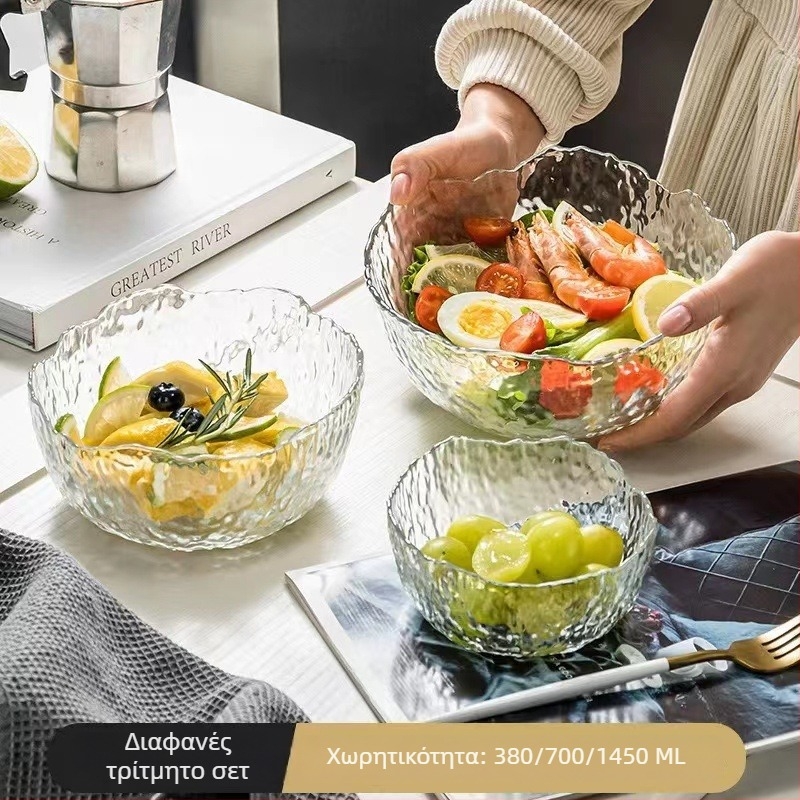 Σετ γυάλινα σκεύη τραπεζιού: μπολ σαλάτας, μπολ σούπας, γυάλινο επιδόρπιο και πιάτο φρούτων; θερμοανθεκτικό γυαλί; χειροποίητο; προσαρμόσιμο; ιαπωνικό στυλ; για οικία και φοιτητικό δωμάτιο.
