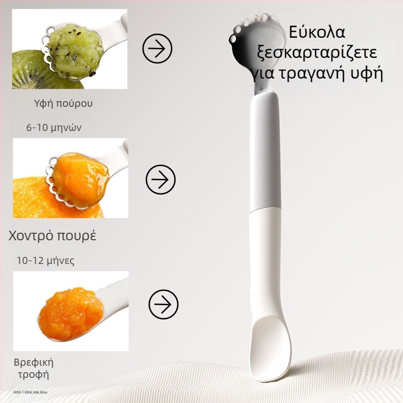 Παιδικό κουτάλι με διπλό άκρο για σίτιση – ανοξείδωτο ατσάλι, απλός σχεδιασμός, κατάλληλο για μωρά άνω των 3 μηνών