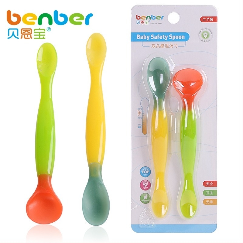 Κουταλάκι για συμπληρωματικό γεύμα, διπλής όψης από σιλικόνη με αισθητήρα θερμοκρασίας, μαλακή άκρη, προστασία από εγκαύματα, για μωρά άνω των 3 μηνών