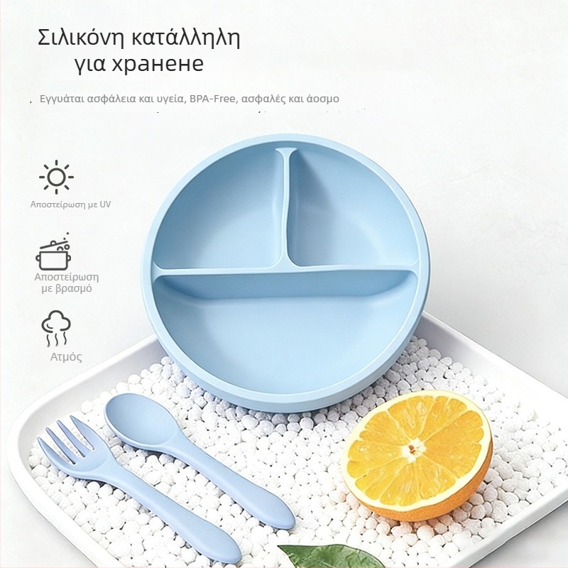 Σετ σιλικόνης για βρέφη: πιάτο με χαμόγελο, μπολ από σιλικόνη, ποτήρι Love, καπάκι ποτηριού, τσέπη για το σάλιο, κουτάλι και πιρούνι από σιλικόνη, μαχαιροπήρουνα με ξύλινη λαβή; κατάλληλο από 6 μηνών