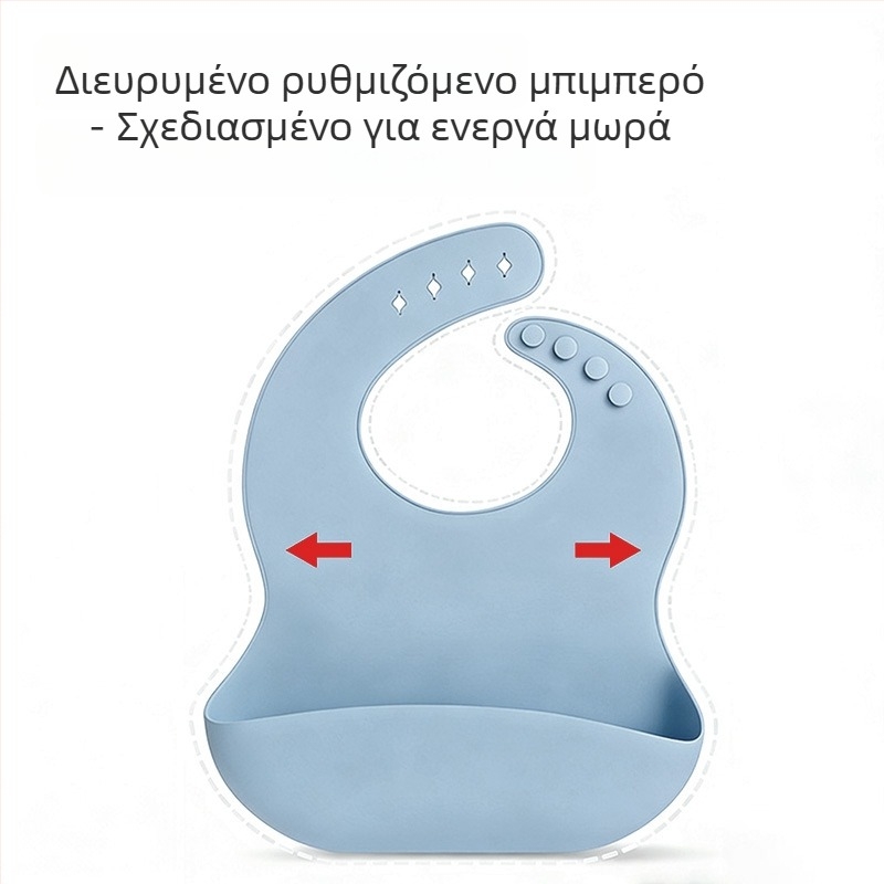 Σετ σιλικόνης για βρέφη: πιάτο με χαμόγελο, μπολ από σιλικόνη, ποτήρι Love, καπάκι ποτηριού, τσέπη για το σάλιο, κουτάλι και πιρούνι από σιλικόνη, μαχαιροπήρουνα με ξύλινη λαβή; κατάλληλο από 6 μηνών