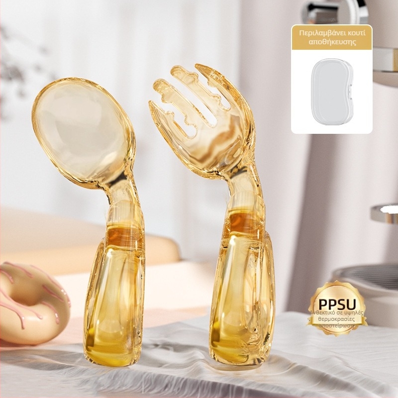 MISUTA Σετ πιρουνάκι και κουτάλι για μωρά – καμπύλος χειρισμός, κοντός καμπύλος άκρη, σκεύη αυτοτροφοδότησης με κουτί αποθήκευσης, PPSU, για ηλικίες από 6 μηνών και άνω