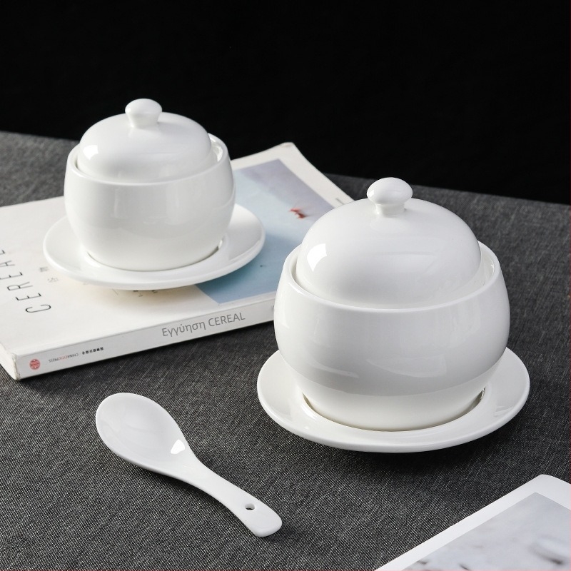 Πορσελάνινο μπολ σούπας για μπεν μαριά με καπάκι, στρογγυλό σχήμα, συμβατό με φούρνο μικροκυμάτων, υπό γλασού φινίρισμα