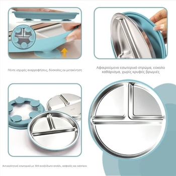 Σετ φαγητού από ανοξείδωτο ατσάλι για παιδιά με πιάτο τριών διαμερισμάτων, βάση αναρρόφησης, μπολ με δύο λαβές και μαχαιροπήρουνα (πιρούνι και κουτάλι), από ανοξείδωτο ατσάλι 304, κατάλληλο από 6 μηνών, σετ 4 τεμάχια