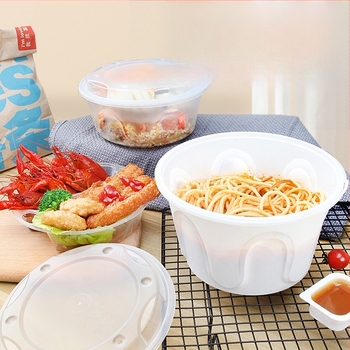Πλαστικό μιας χρήσης δοχείο γεύματος, σχήμα κυκλικό-ορθογώνιο, συμβατό με φούρνο μικροκυμάτων, εκτύπωση λογοτύπου.