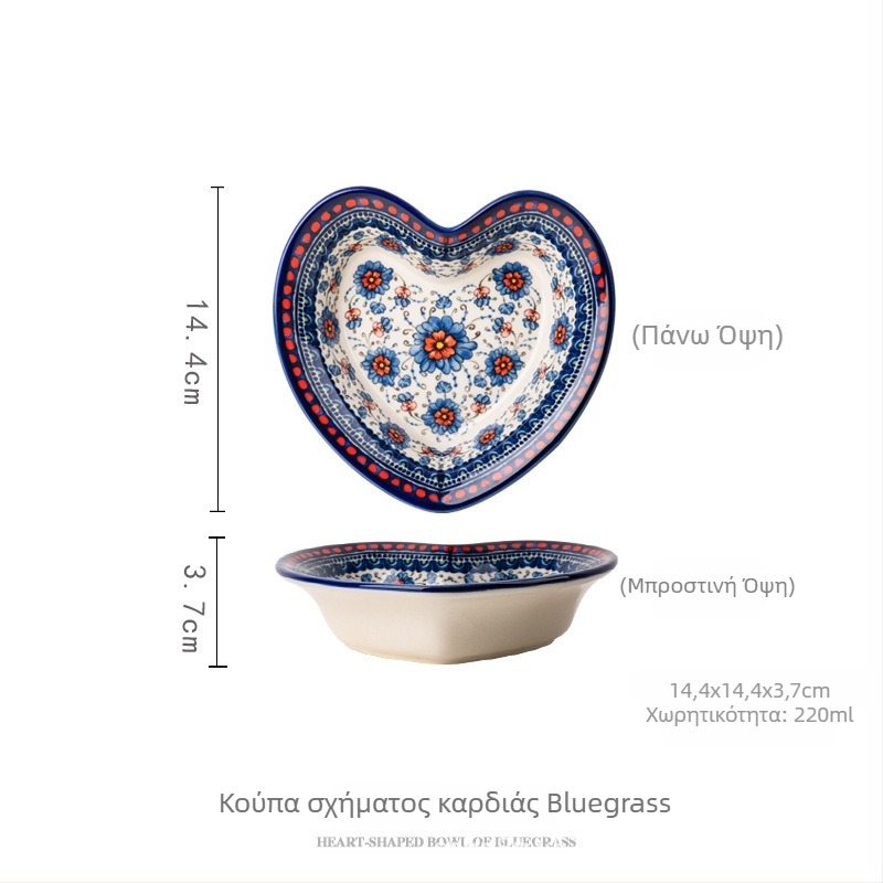 Σετ κεραμικών μπολ και κουταλιών με χειροποίητο φλοράλ σχέδιο κάτω από γλάσο, ελαφρύς πολυτελής ρετρό στυλ, χωρητικότητα 2000 ml