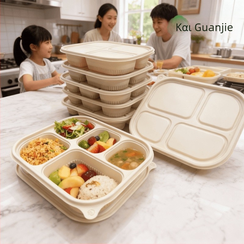Θήκη φαγητού μίας χρήσης με πέντε διαμερίσματα, ορθογώνια, με καπάκι, κατάλληλη για φούρνο μικροκυμάτων, βιοδιασπώμενη βάση από άμυλο καλαμποκιού για takeout από Guanjie