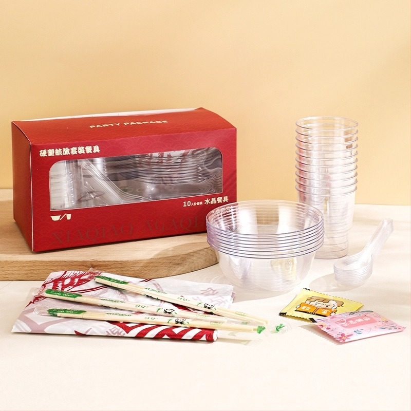 Σετ μιας χρήσης πλαστικά σκεύη τραπεζαρίας, δέκα τεμάχια, πλαστικό, ορθογώνιο σχήμα, 1 cm πάχος, συσκευασία 50 τεμαχίων