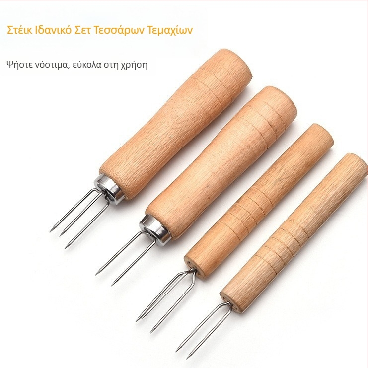 Πιρούνι φρούτων με ξύλινη λαβή, τρίδοντο πιρούνι για καλαμπόκι και βελόνα moxa