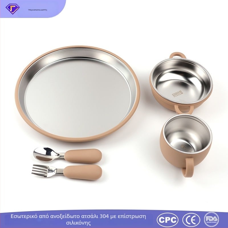 Yuzus 304 ανοξείδωτο ατσάλι – σετ εξοπλισμού φαγητού μωρού, όλα σε ένα πιάτο, αντιολισθητικό, 5 τεμάχια, κατάλληλο για παιδιά από 3 μηνών