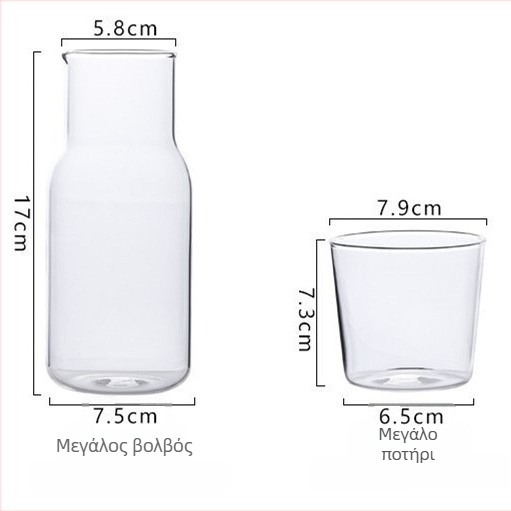 Σετ γυάλινο για κρύα ποτά - 1 κανάτα και 1 φλιτζάνι, διαφανές γυαλί, προσαρμόσιμο λογότυπο, μοντέρνο μινιμαλιστικό στυλ, κατάλληλο για χυμούς, γάλα, ποτά, αρωματικό τσάι και κρύο νερό