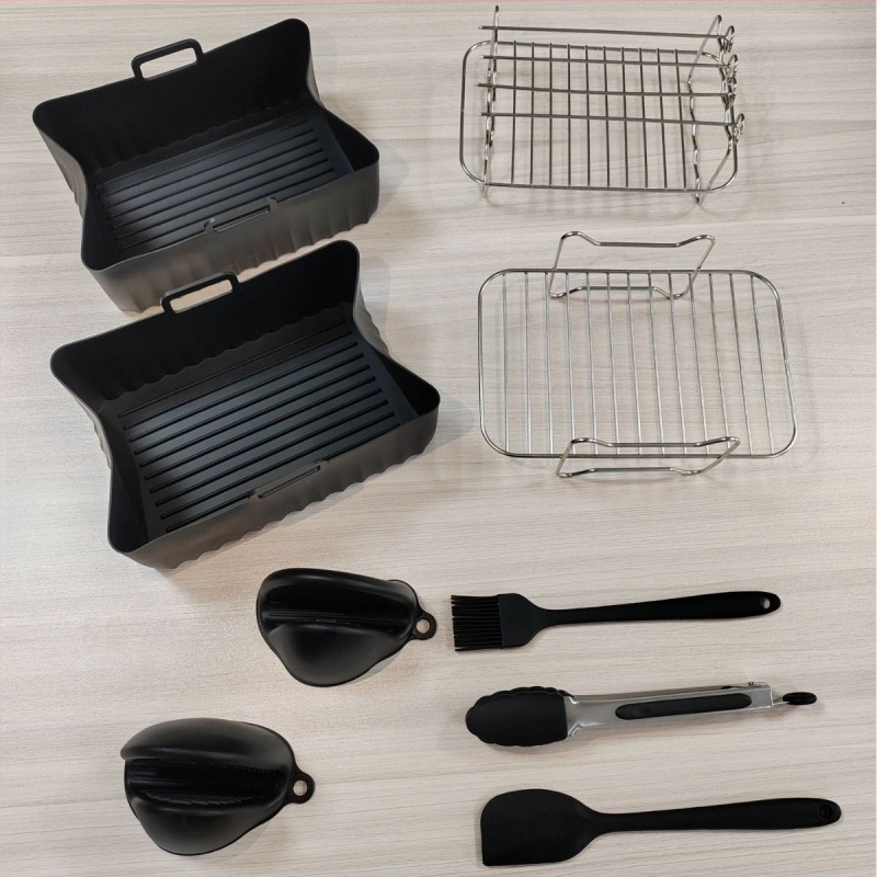 Αξεσουάρ φριτέζας αέρα, σετ 7 τεμαχίων, εξαρτήματα διπλών δοχείων και γκριλ, ορθογώνιος φούρνος, ανοξείδωτος χάλυβας