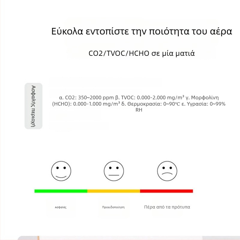 Luffeta 001 Φορητός ανιχνευτής ποιότητας αέρα για CO2, φορμαλδεΰδη, οξυγόνο και συνολική ποιότητα αέρα, θερμοκρασία και υγρασία, κάλυψη 20 τ.μ., επαναφορτιζόμενος
