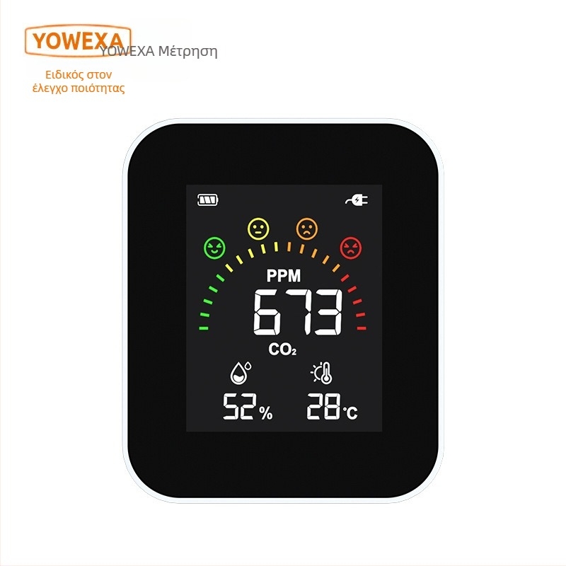 YOWEXA YEM-42 CO2 υπέρυθρος ανιχνευτής, εσωτερικός μετρητής ποιότητας αέρα, 3-σε-1 θερμοκρασία και υγρασία, 400–10000 ppm, ανάλυση 1 ppm, ακρίβεια ±3%, τροφοδοσία USB/3x AAA/Li‑ion