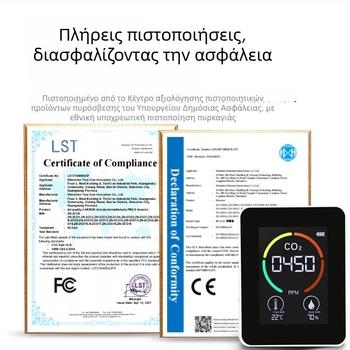 Δοκιμαστής CO2 3-σε-1 με μέτρηση CO2, θερμοκρασίας και υγρασίας – εύρος 400–5000 ppm, ανάλυση 1 ppm, ακρίβεια 10 ppm, τροφοδοσία Type-C