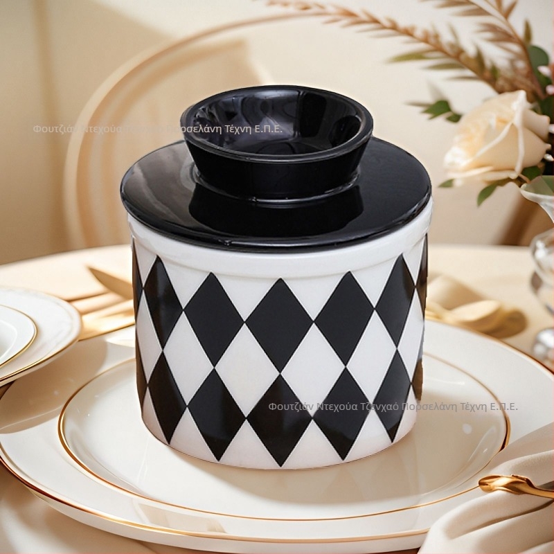 Κεραμικό βάζο βουτύρου, μοντέρνος μινιμαλισμός, διαμαντένιο καρό μοτίβο και καρό, εκτυπωμένο λογότυπο, προσαρμοζόμενες επιλογές
