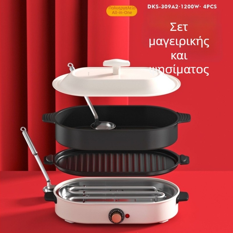 Ηλεκτρική κατσαρόλα με γκριλ με κεραμικό σώμα – ισχύς 1201–1500W, χωρητικότητα 4–5 L, λειτουργίες: τηγάνισμα, βράσιμο, στιφάδο, καυτή κατσαρόλα, teppanyaki