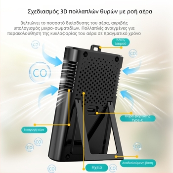 Φορητός ανιχνευτής μονοξειδίου του άνθρακα με μέτρηση θερμοκρασίας και υγρασίας, μοντέλο GC3000 – 3 σε 1, εύρος 400–5000 ppm, ακρίβεια ±5%, τροφοδοσία USB