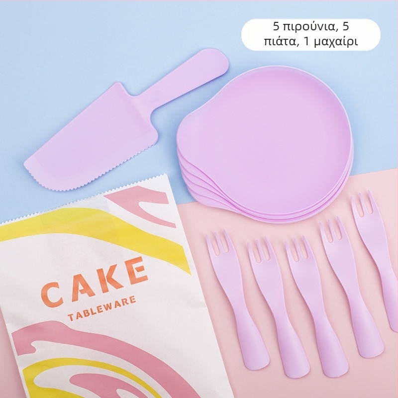Μονόχρηστο σετ σερβιρίσματος για τούρτα γενεθλίων — πλαστικά μαχαίρια, πιρούνες και πιάτο με δίσκο σταγόννας; χονδρική συσκευασία 320 κουτιά; διάρκεια ζωής 3 χρόνια.