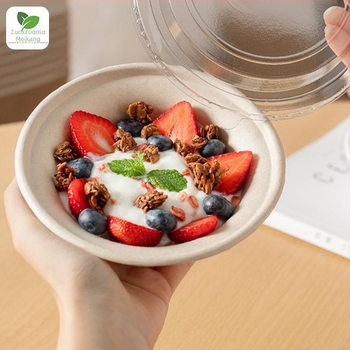 Μονοχρηστικό μπολ από χάρτοπολτό βιοδιασπώμενο με σχήμα καπέλου από άχυρο, χωρητικότητα 340-350 ml, πάχος 1 mm, δυνατότητα εκτύπωσης λογότυπου, εξατομίκευση, κατάλληλο για επιδόρπια, γιαούρτι και φρουτοσαλάτες