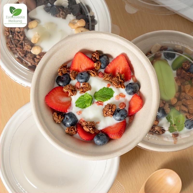 Μονοχρηστικό μπολ από χάρτοπολτό βιοδιασπώμενο με σχήμα καπέλου από άχυρο, χωρητικότητα 340-350 ml, πάχος 1 mm, δυνατότητα εκτύπωσης λογότυπου, εξατομίκευση, κατάλληλο για επιδόρπια, γιαούρτι και φρουτοσαλάτες