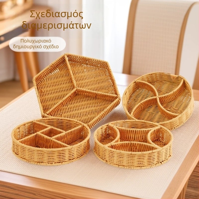 Πιατέλα φρούτων με ομοίωμα ρατάν, διαμερισμένη για φρούτα, λαχανικά και σνακ, υλικό PP, ρετρό στυλ πολυτελείας, αυτοεξυπηρέτηση