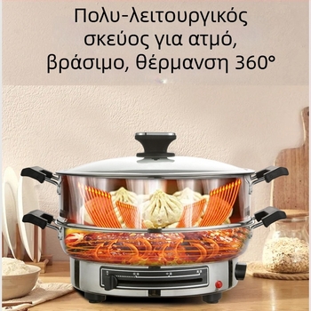 Ηλεκτρικό τηγάνι από ανοξείδωτο ατσάλι, 1500W, 220V, κατάλληλο για 6+ μερίδες.