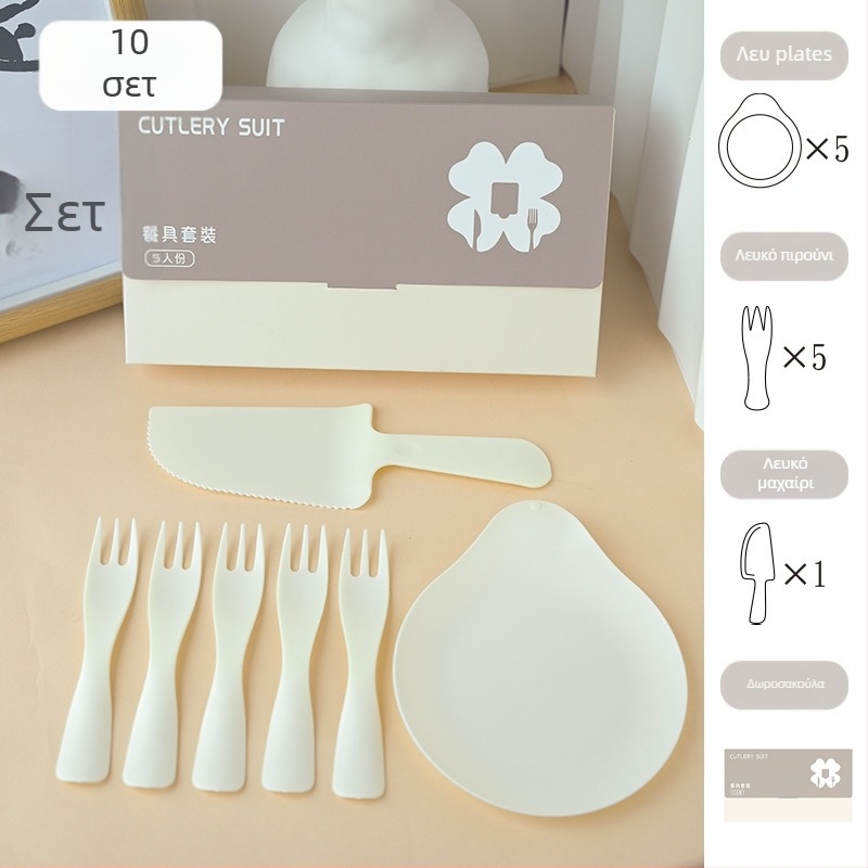 Αναλώσιμο σετ τραπεζιού γενεθλίων: μαχαίρι, πιρούνι, πιάτο, κερί σε σχήμα σταγόνας και καπέλο γενεθλίων – πέντε σε ένα σετ δώρου; πλαστικό κατάλληλο για τρόφιμα; δυνατότητα προσαρμογής