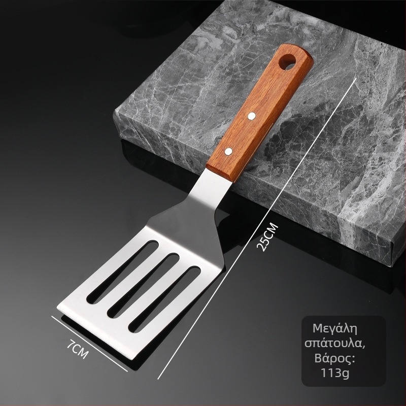 Ανοξείδωτη σπατούλα Teppanyaki με παχύτερη επίπεδη λεπίδα και λαβή από σκληρό ξύλο — μη κολλητική, ανθεκτική σε υψηλές θερμοκρασίες, αντιολισθητική, ιδανική για πανκέϊκ και πίτσα