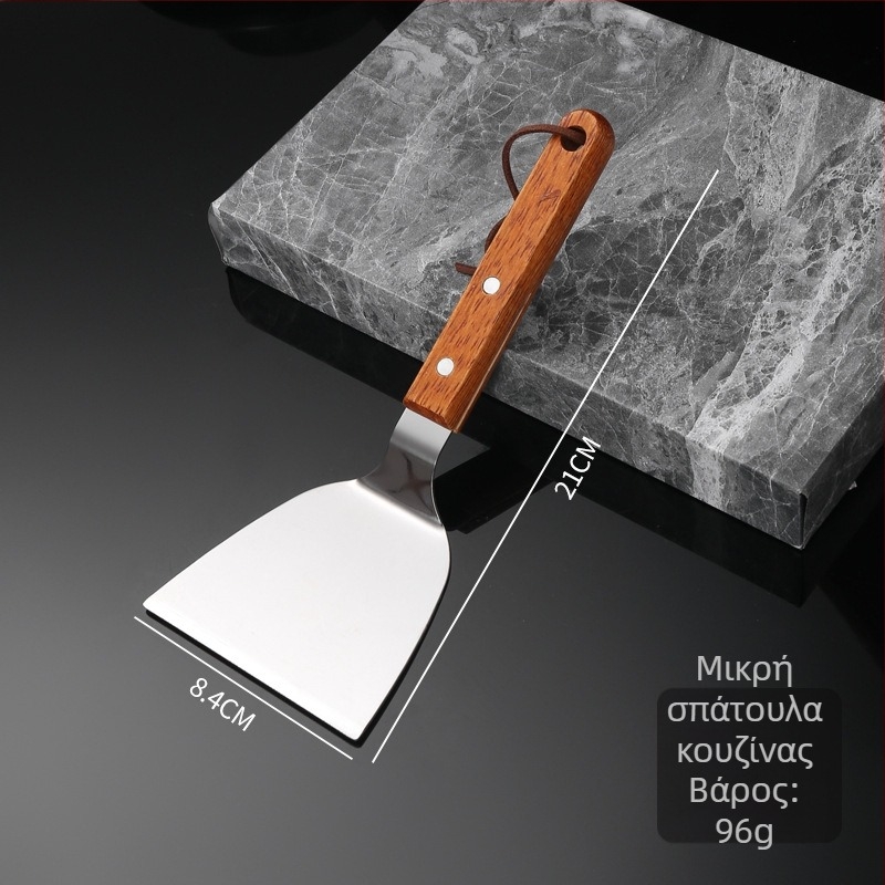 Ανοξείδωτη σπατούλα Teppanyaki με παχύτερη επίπεδη λεπίδα και λαβή από σκληρό ξύλο — μη κολλητική, ανθεκτική σε υψηλές θερμοκρασίες, αντιολισθητική, ιδανική για πανκέϊκ και πίτσα