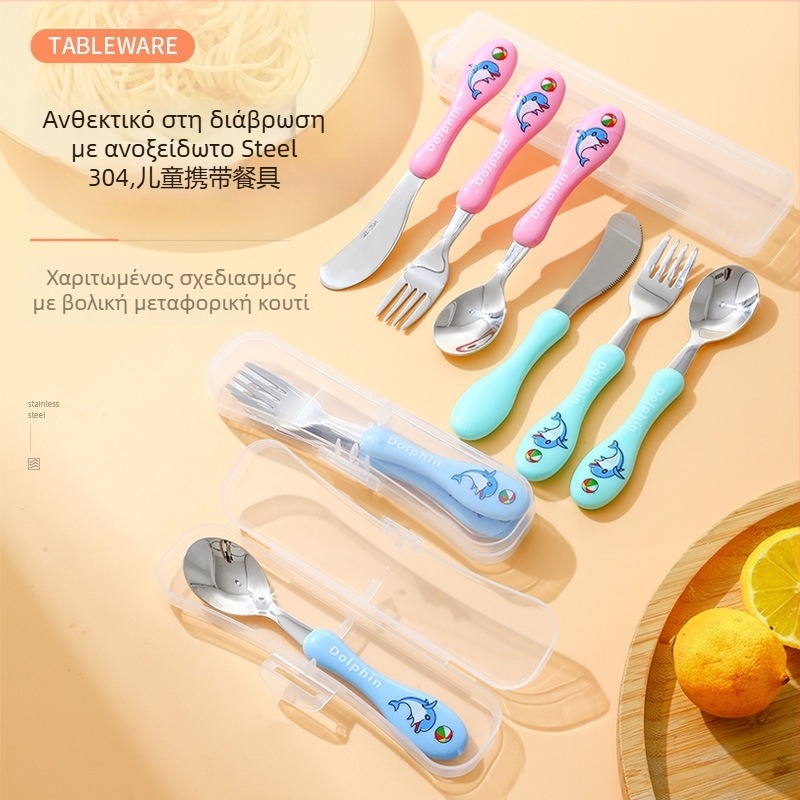 Σετ παιδικών μαχαιροπίρουνων (μαχαίρι, πιρούνι, κουτάλι) από ανοξείδωτο χάλυβα 304, γυαλισμένη επιφάνεια, καρτούν σχέδιο