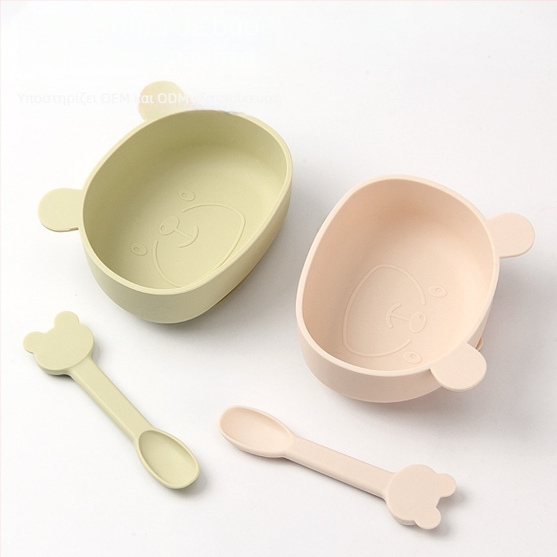 Παιδικό μπολ από σιλικόνη για φαγητό — με σετ πιρούνι και κουτάλι, στρογγυλό, ασφαλές για φούρνο μικροκυμάτων, κατάλληλο για παιδιά