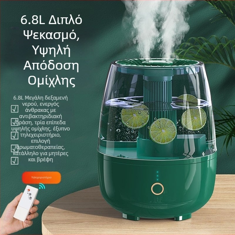 Υπερηχητικός υγραντήρας με διπλό εκνέφωση, κάλυψη άνω των 60 m², δεξαμενή 4,1–6,0 L, θόρυβος κάτω από 36 dB, χρονόμετρο άνω των 8 ωρών