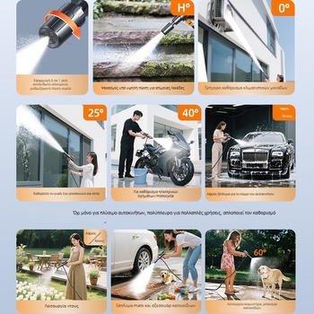 Ασύρματο πιστόλι πλυσίματος αυτοκινήτων – ABS σώμα, μέγ. πίεση 1,7 MPa, εμβέλεια ψεκασμού 5 μ., μήκος σωλήνα 6 μ., βάρος 1,04 kg