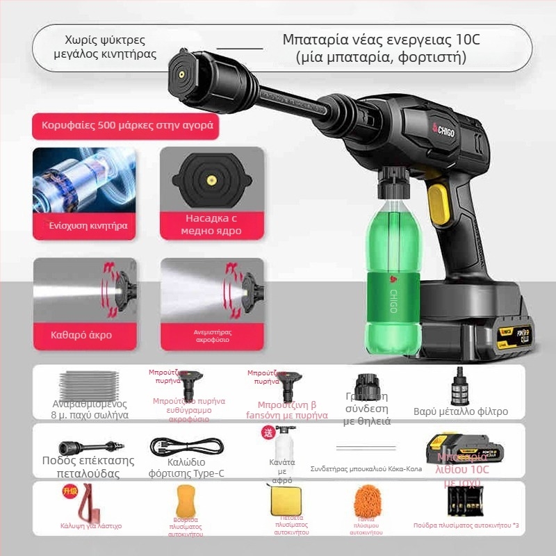 Ασύρματο οικιακό σύστημα πλυσίματος αυτοκινήτων με πιστόλι υψηλής πίεσης και μπαταρία λιθίου, ονομαστική πίεση 2,5–25 MPa