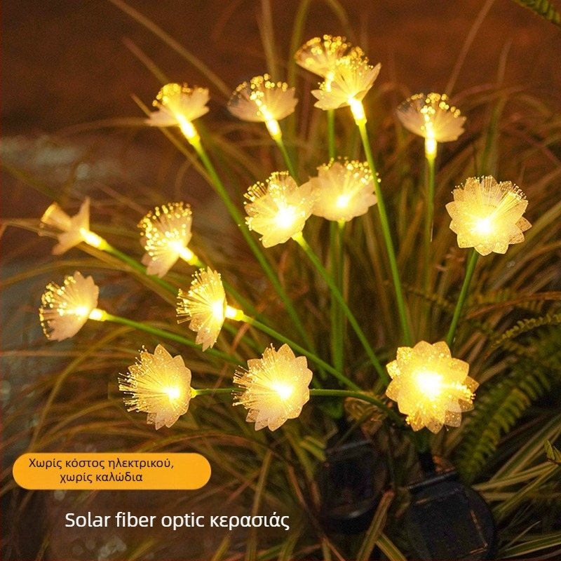 Έξι κεφαλές ηλιακών φωτιστικών εδάφους με οπτικές ίνες, σε σχήμα ανθών κερασιάς, IP65 αδιάβροχα, ηλιακή τροφοδοσία, 0,28W, κάλυψη 1–3 m², αυτονομία 6–12 ωρών