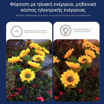 Ηλιακή εξωτερική λαμπτήρα κήπου σε μορφή ηλίανθου, ABS περίβλημα, IP65, μοντέλο HS05-1, ισχύς 0,25 W, συνεχής φωτισμός 6–12 ωρών, CE πιστοποίηση