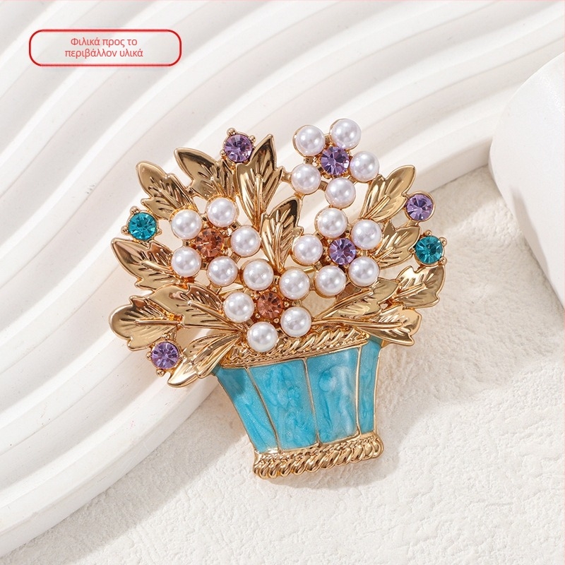 Καρφίτσα με καλάθι λουλουδιών, κομψή σχεδίαση, κράμα ψευδάργύρου με επίστρωση διαμαντιών – διακόσμηση και γάμος