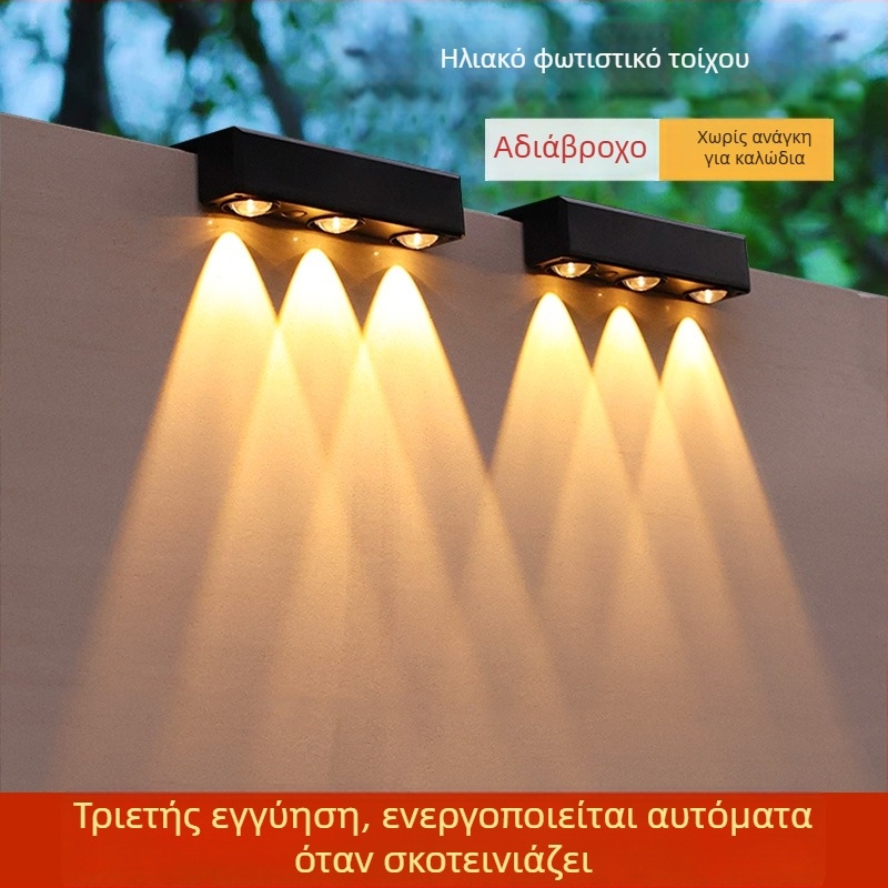 Ηλιακή εξωτερική τοιχολάμπα — προβολέας τοίχου για πλύσιμο επιφανειών, IP65, θερμοκρασία χρώματος 4000–6000K, ≤36V, συνεχές φως 6–12 ωρών, μεταμοντέρνο στυλ