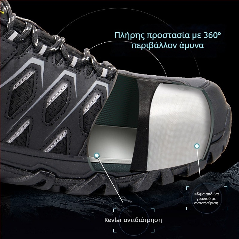 Παπούτσια ασφαλείας για όλες τις εποχές με προστασία δαχτύλου από ίνες γυαλιού, αντίσταση σε διάτρηση Kevlar, αντιοσμητικά, ελαφριά, μονωμένα, άνω μέρος από δίχτυ και συνθετικό δέρμα