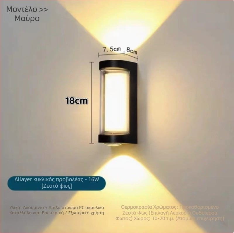 Εξωτερική τοιχική LED λάμπα με στεγανοποίηση, κατάλληλη για διαδρόμους, σκάλες και αυλές, 16W, 85-265V, IP65, 3000K, Sanan Optoelectronics