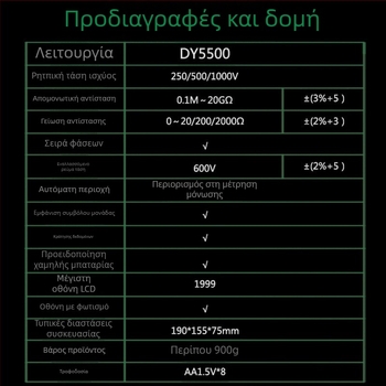 Πολυλειτουργικός ψηφιακός μετρητής αντίστασης γείωσης με μέτρηση τάσης φασικής ακολουθίας και κατανομής, Megohmmeter DY5500