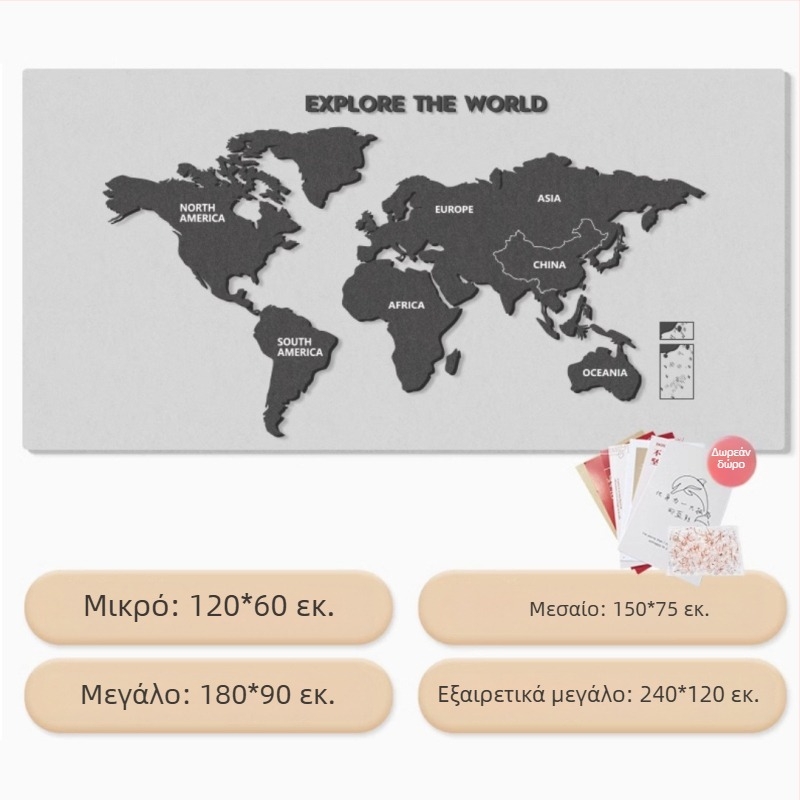Παγκόσμιος χάρτης σε φελτ τοίχο για φωτογραφίες ταξιδιών — αυτοκόλλητο τοίχου διακοσμητικό, χωρίς διάτρηση